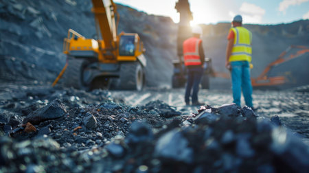 Two engineers in hard hats and safety vests are inspecting a mining site where a large yellow excavator is digging up a pile of rocks and dirt.の素材