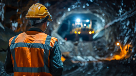 The image shows a miner working in a mine. He is wearing a hard hat and a safety vest. The mine is dark and dusty.の素材