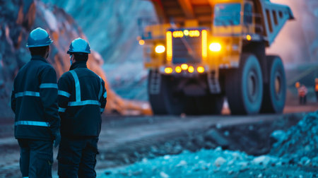 Two miners in hard hats are looking at a large mining truck.の素材