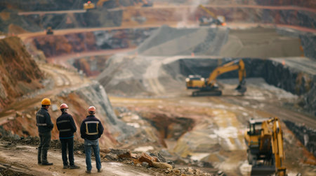 Two mining engineers in hard hats and safety vests are inspecting an open-pit mine.の素材