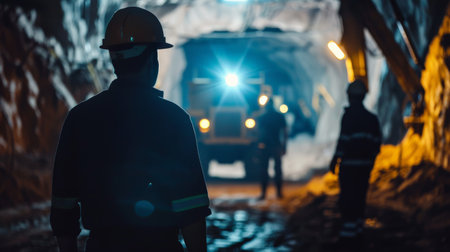 Miners working in a dark mine.の素材
