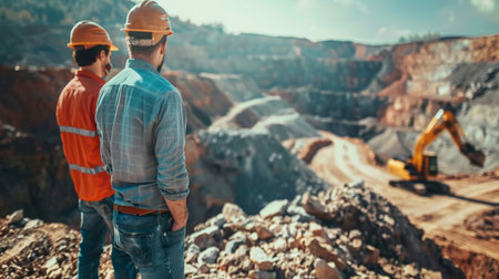 Two engineers in hard hats at a mining siteの素材