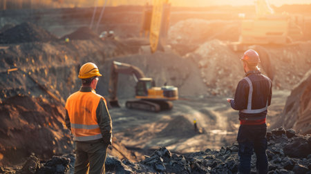 Two workers at a mining site with an excavator in the backgroundの素材
