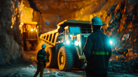 The underground mine. The large yellow truck is carrying the ore. The miner is walking in front of the truck.の素材