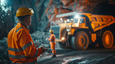 The image shows aDe Ren Wu  with a hard hat and coveralls standing in a mine. In the background, a large dump truck is driving by.の素材
