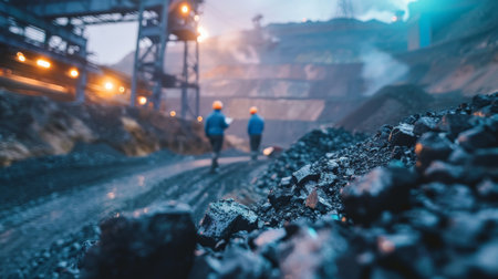 Two miners walking away from the camera in a dark coal mine.の素材