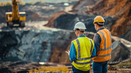 Two engineers in hard hats and safety vests are inspecting a mining site.の素材