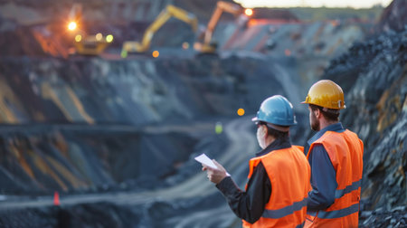 Two engineers in hard hats and safety vests examine a largeLu Tian Kuang .の素材