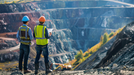 Two mining engineers in hard hats and safety vests inspect a large open-pit mine.の素材
