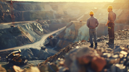 Two engineers in hard hats at the open pit mineの素材