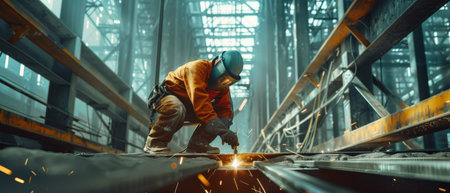 A welder working on a metal structure in an industrial setting.の素材