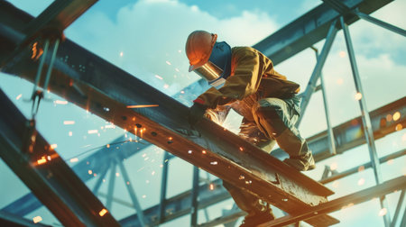 A welder working on a metal structure high above the ground.の素材