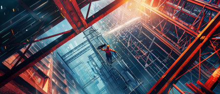 A construction worker is falling from a building under construction.の素材