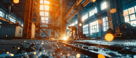 welder working on a large metal structure in an industrial buildingの素材