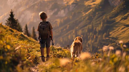 The boy and his loyal dog hiking in the mountainsの素材