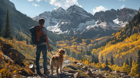 Hiker with a dog on the background of mountains in autumn.の素材