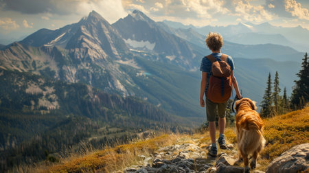 The boy and his loyal dog enjoy the view from the top of the mountain.の素材