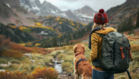 Young woman with a backpack and her dog are standing on a top of a mountain and enjoying the viewの素材