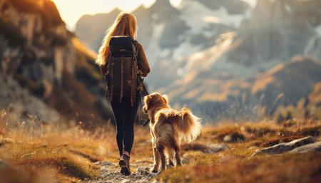 Woman hiking with her dog in the mountains.の素材