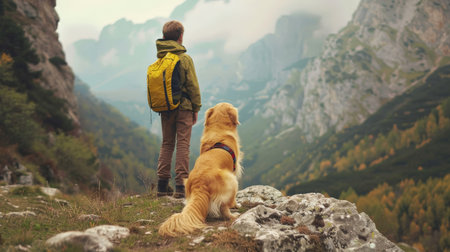 The image shows a man and his golden retriever dog standing on a mountaintop.の素材