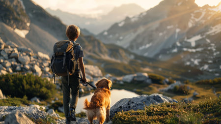 The photo shows a person and a dog on top of a mountain. The view is amazing.の素材