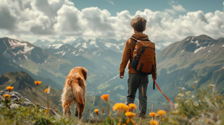 The boy and his dog are standing on a mountaintop. They are looking out at the view. The boy is wearing a backpack and the dog is wearing a collar. The sun is shining and there are clouds in the sky.の素材