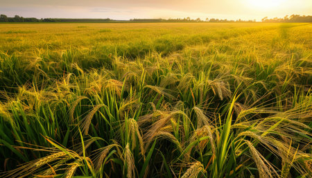 A golden wheat field at sunsetの素材