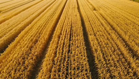 An aerial shot of a vast wheat field, showing the long, straight rows of wheat plants.の素材