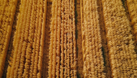 An aerial shot of a golden wheat fieldの素材