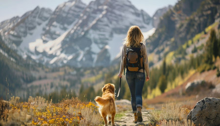 A woman walks with a dog in the mountains. Golden Retriever.の素材