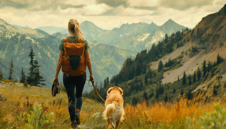 Woman hiker with backpack and dog in mountains. Travel and adventure concept.の素材