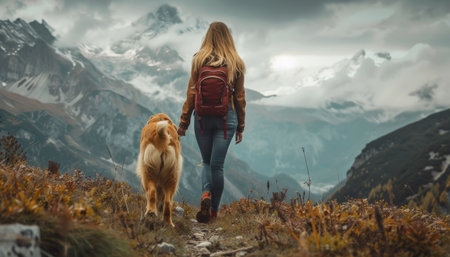 Woman walking with her dog in the mountains. Travel and adventure concept.の素材