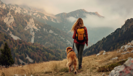A girl with a backpack and a dog on the background of mountainsの素材