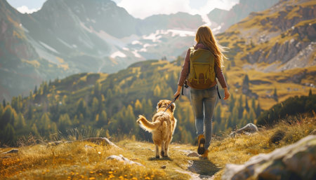 Young woman hiker with backpack walking with golden retriever dog in mountainsの素材