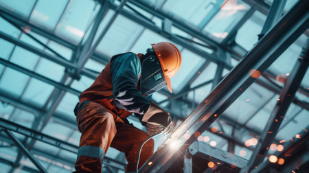 A welder wearing protective gear welds a metal beam at a construction siteの素材