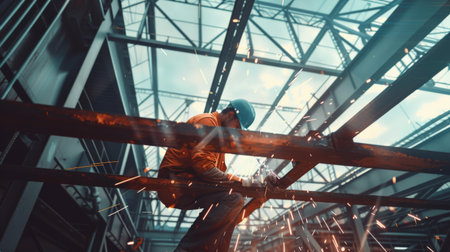 A welder working on a metal structure high above the ground.の素材