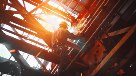 A welder works on a metal structure high above the ground.の素材