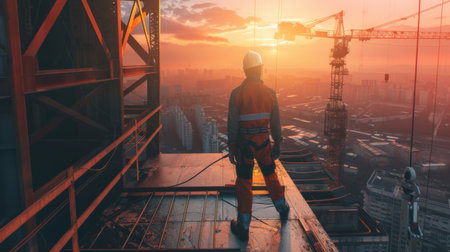 Construction worker standing on a rooftop watching the sunset.の素材