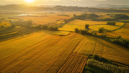 An aerial shot of a vast farmland with ripe rice plantsの素材