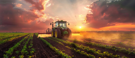A farmer is spraying pesticides on his soy field at sunset.の素材