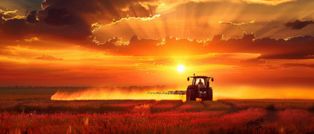 Tractor spraying pesticides on wheat field at sunset, 3d renderの素材
