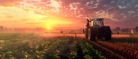 Modern tractor actively spraying crops on a vast farm with a dramatic sunset in the background --ar 7:3 Job ID: 3cef5aee-5cf7-4d0d-9ef4-ebf072fcaff7の素材