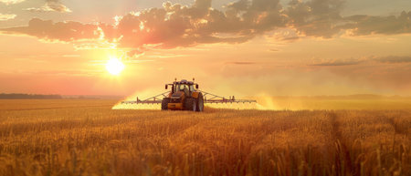 Modern tractor actively spraying crops on a vast farm with a dramatic sunset in the background --ar 7:3 Job ID: 9ed438a6-684f-4f05-9397-5ca8f688bc32の素材