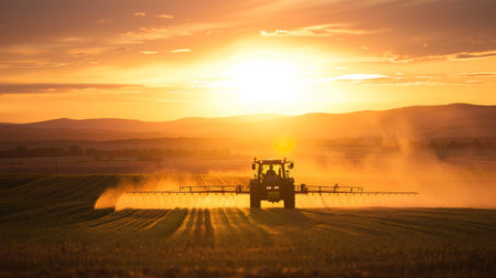 Modern tractor actively spraying crops on a vast farm with a dramatic sunset in the background --ar 16:9 Job ID: e74485b4-d3ee-459a-b460-195123376860の素材