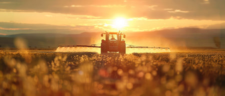 Modern tractor actively spraying crops on a vast farm with a dramatic sunset in the background --ar 7:3 Job ID: 1f9c5e2d-d720-43e6-99f0-2e8e0944b457の素材