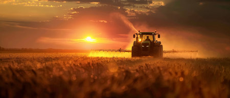 Modern tractor actively spraying crops on a vast farm with a dramatic sunset in the background --ar 7:3 Job ID: 067d3729-e96a-4409-acda-5a012df4c4c5の素材