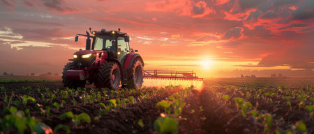 A farmer drives a tractor through a field at sunset.の素材