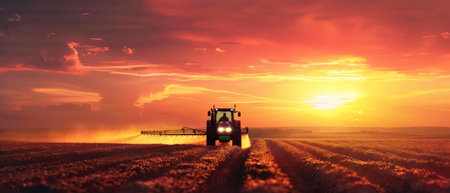 A farmer drives a tractor through a field at sunset.の素材