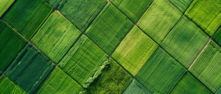 An aerial view of a patchwork of green farm fields.の素材