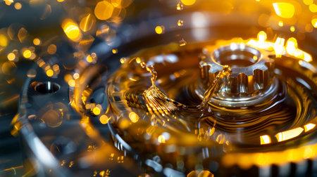 Gears in a transmission with oil being splashed aroundの素材
